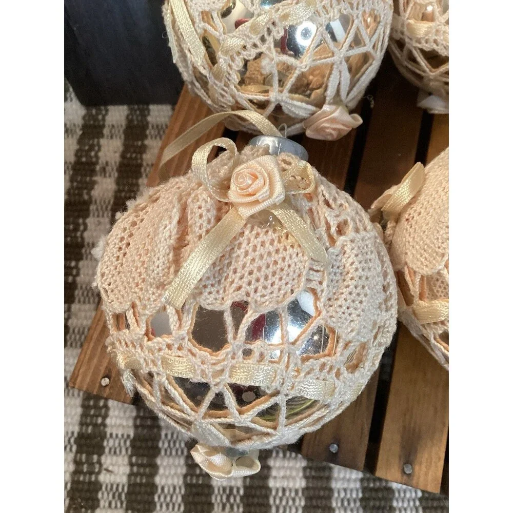 Vintage Alderbrook Lace Covered Silver Glass Christmas Ball Ornaments Set Of 7